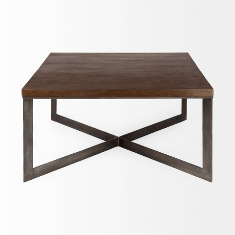 Faye Medium Brown Wood W/Antique Nickel Metal Base Square Coffee Table by Mercana at Eve Furniture