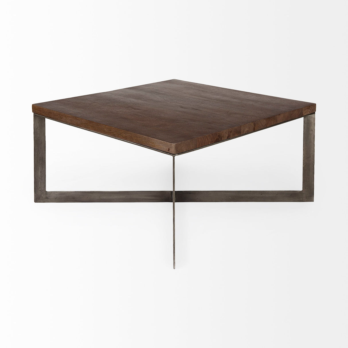 Faye Medium Brown Wood W/Antique Nickel Metal Base Square Coffee Table by Mercana at Eve Furniture