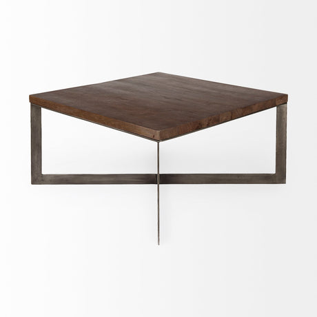 Faye Medium Brown Wood W/Antique Nickel Metal Base Square Coffee Table by Mercana at Eve Furniture