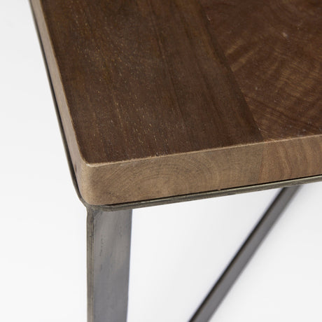 Faye Medium Brown Wood W/Antique Nickel Metal Base Square Coffee Table by Mercana at Eve Furniture