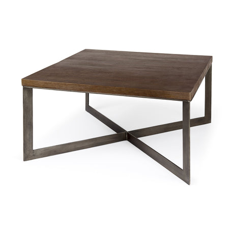 Faye Medium Brown Wood W/Antique Nickel Metal Base Square Coffee Table by Mercana at Eve Furniture
