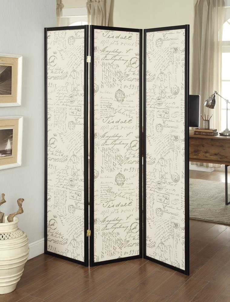 Felice Espresso 3-Panel French Script Print Folding Screen by Coaster at Eve Furniture