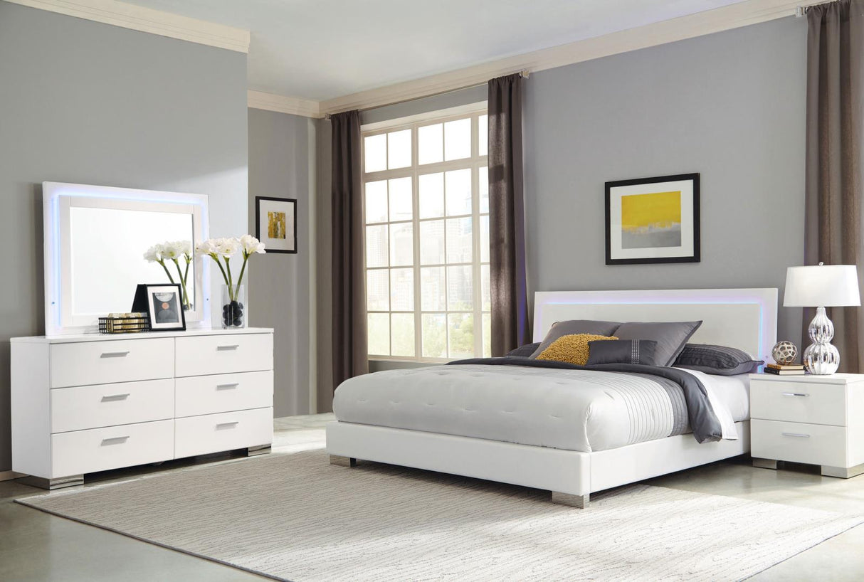 Felicity Glossy White 4-Piece California King Bedroom Set with LED Headboard and Mirror