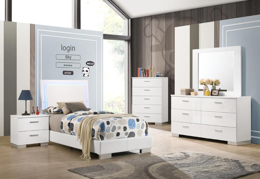 Felicity Glossy White 5-Piece California King Bedroom Set with LED Headboard and Mirror