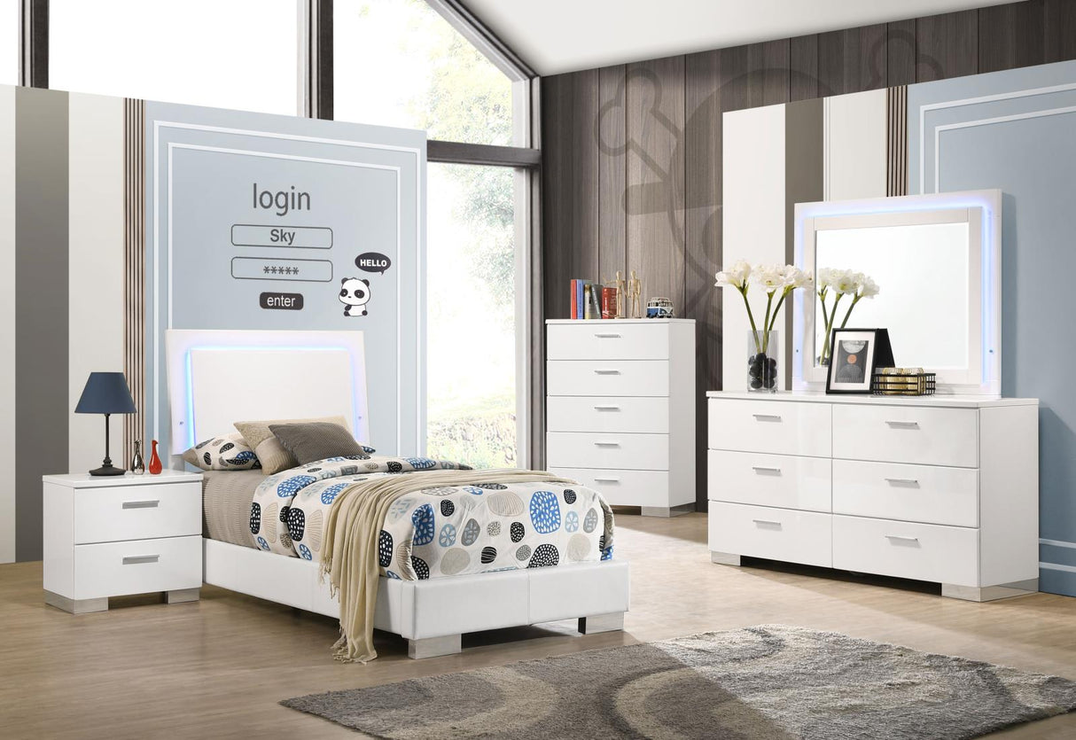 Felicity Glossy White 5-Piece Twin Bedroom Set with LED Lighting