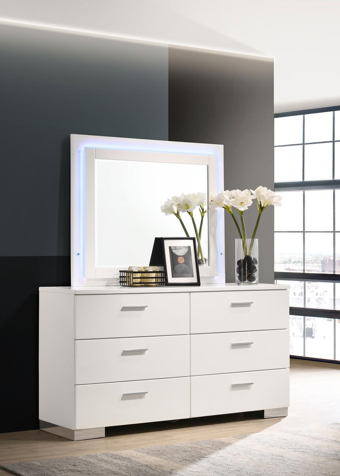 Felicity 6-drawer Dresser with LED Mirror Glossy White