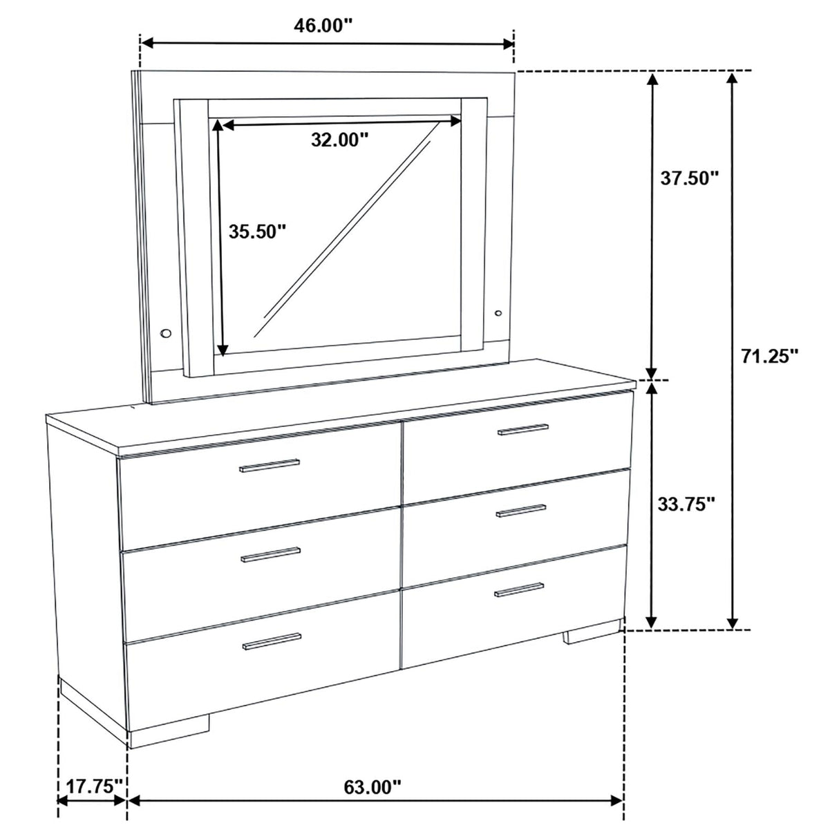 Felicity 6-drawer Dresser with LED Mirror Glossy White