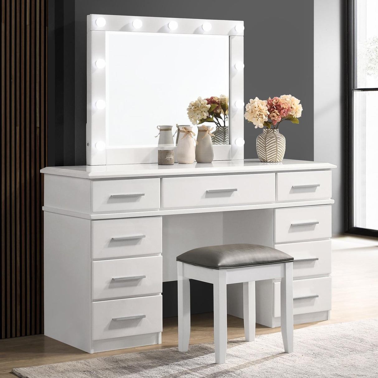 Felicity 9-Drawer Vanity Desk with Lighted Mirror Glossy White