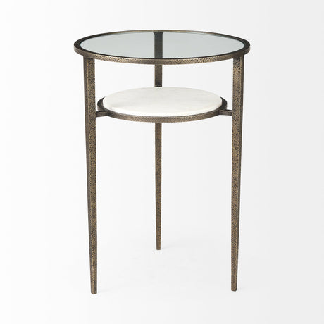 Felicity Glass Top W/ White Marble Shelf and Antique Gold Base End/Side Table by Mercana at Eve Furniture