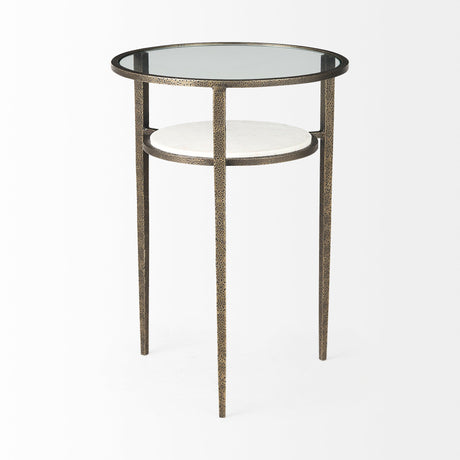 Felicity Glass Top W/ White Marble Shelf and Antique Gold Base End/Side Table by Mercana at Eve Furniture