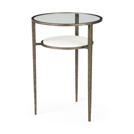 Felicity Glass Top W/ White Marble Shelf and Antique Gold Base End/Side Table by Mercana at Eve Furniture