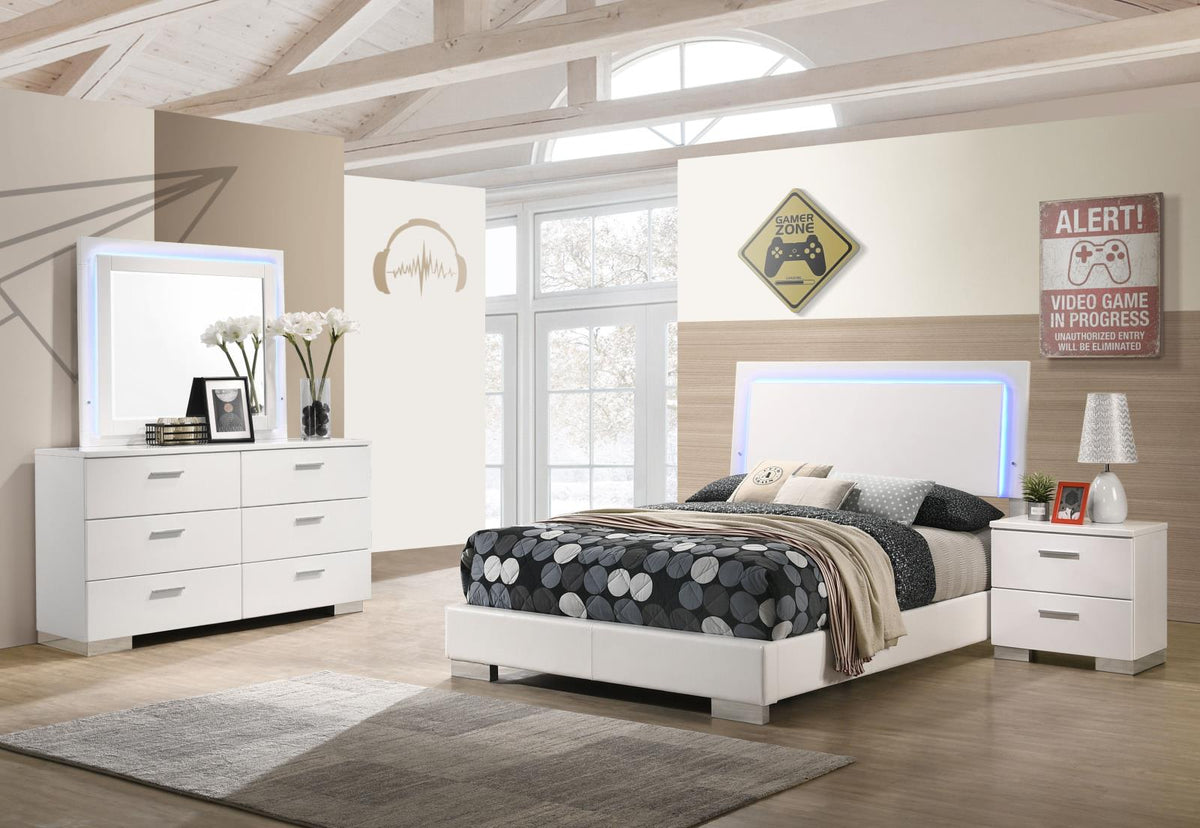 Felicity Glossy White 4-Piece Full Bedroom Set with LED Headboard and Mirror by Coaster at Eve Furniture