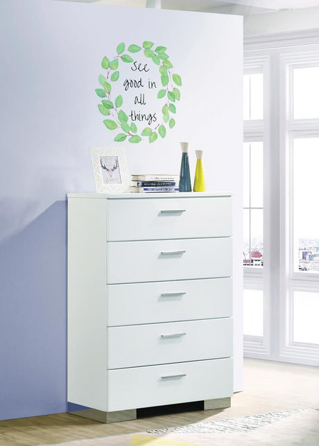 Felicity Glossy White 5-Drawer Chest by Coaster at Eve Furniture