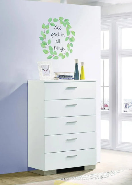 Felicity Glossy White 5-Drawer Chest by Coaster at Eve Furniture