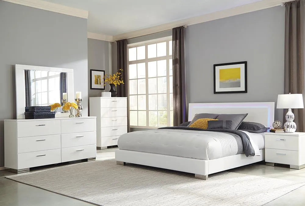 Felicity Glossy White 5-Piece Queen Bedroom Set with LED Mirror by Coaster at Eve Furniture