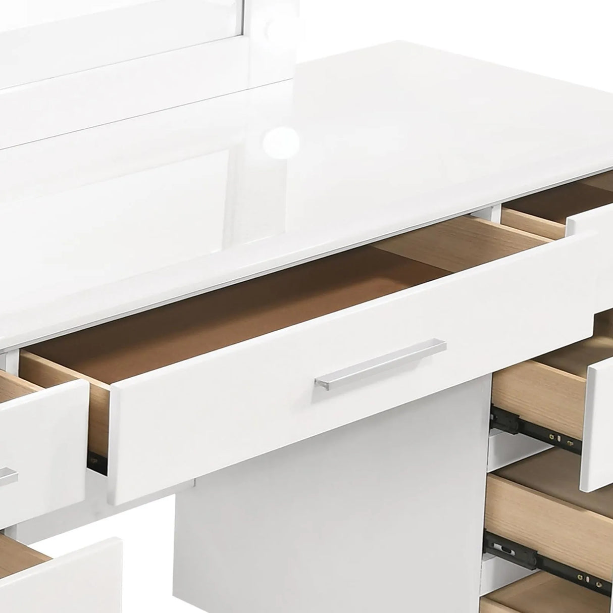 Felicity Glossy White 9-Drawer Vanity Desk with Lighted Mirror by Coaster at Eve Furniture