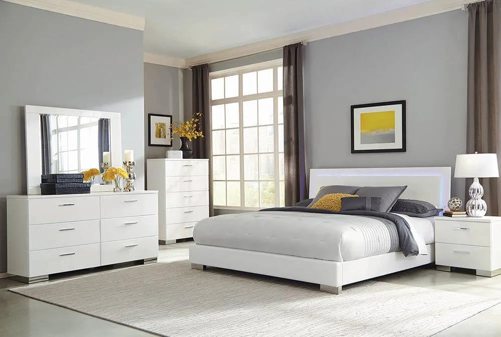 Felicity Glossy White Eastern King Panel Bed with LED Lighting by Coaster at Eve Furniture