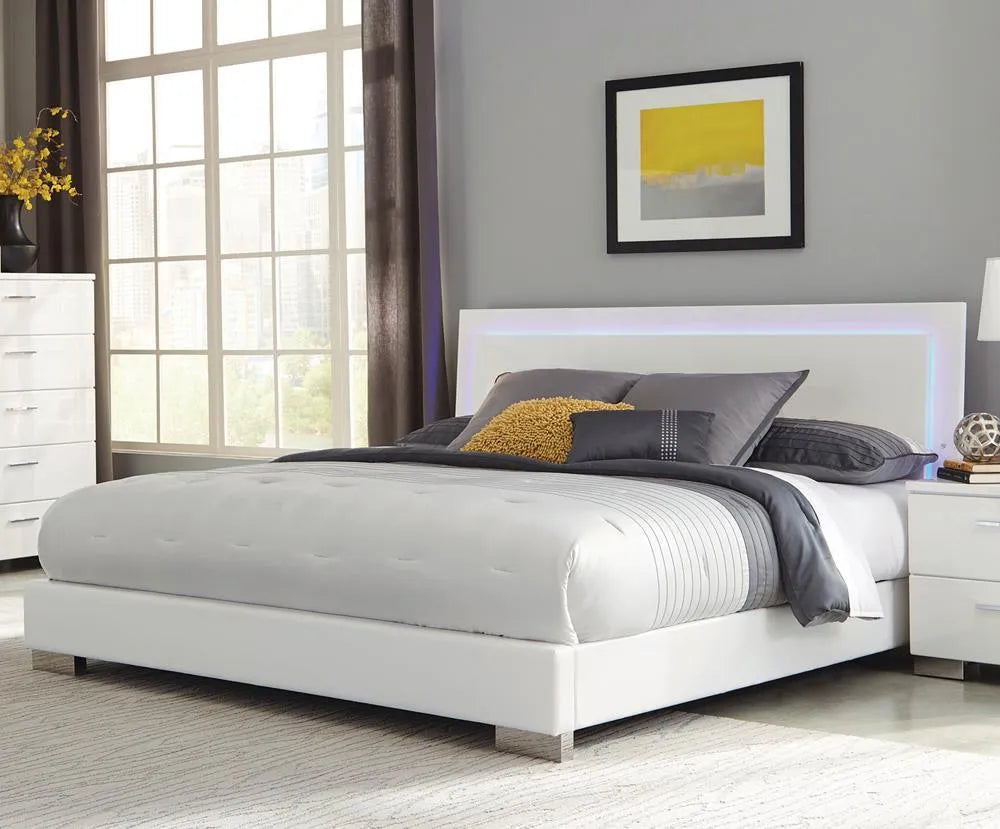 Felicity Glossy White Eastern King Panel Bed with LED Lighting by Coaster at Eve Furniture