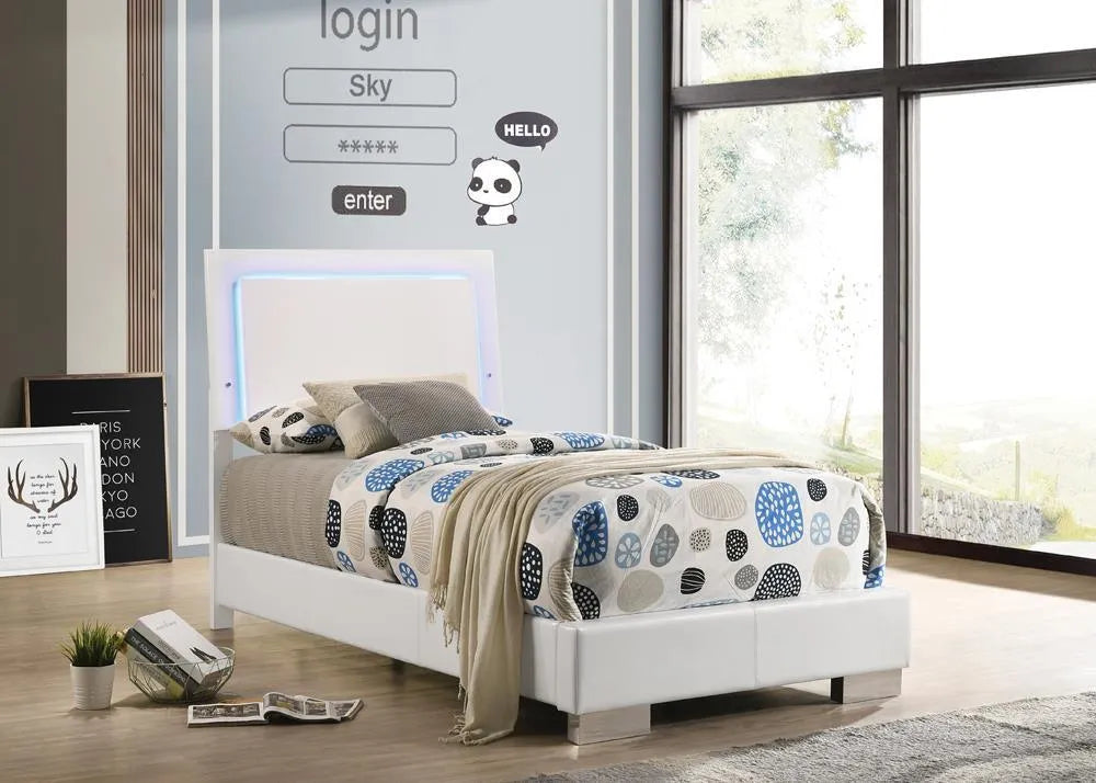 Felicity Glossy White Twin Panel Bed with LED Lighting by Coaster at Eve Furniture