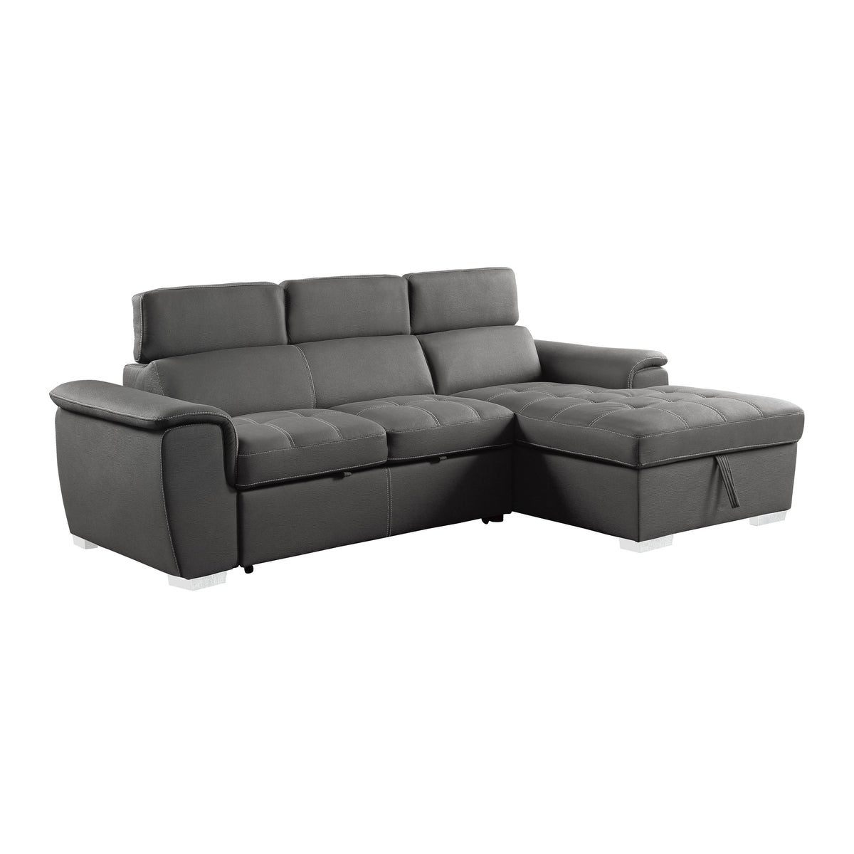 Ferriday Gray 2-Piece Sectional with Adjustable Headrests, Pull-out Bed and Right Chaise with Hidden Storage by Homelegance at Eve Furniture