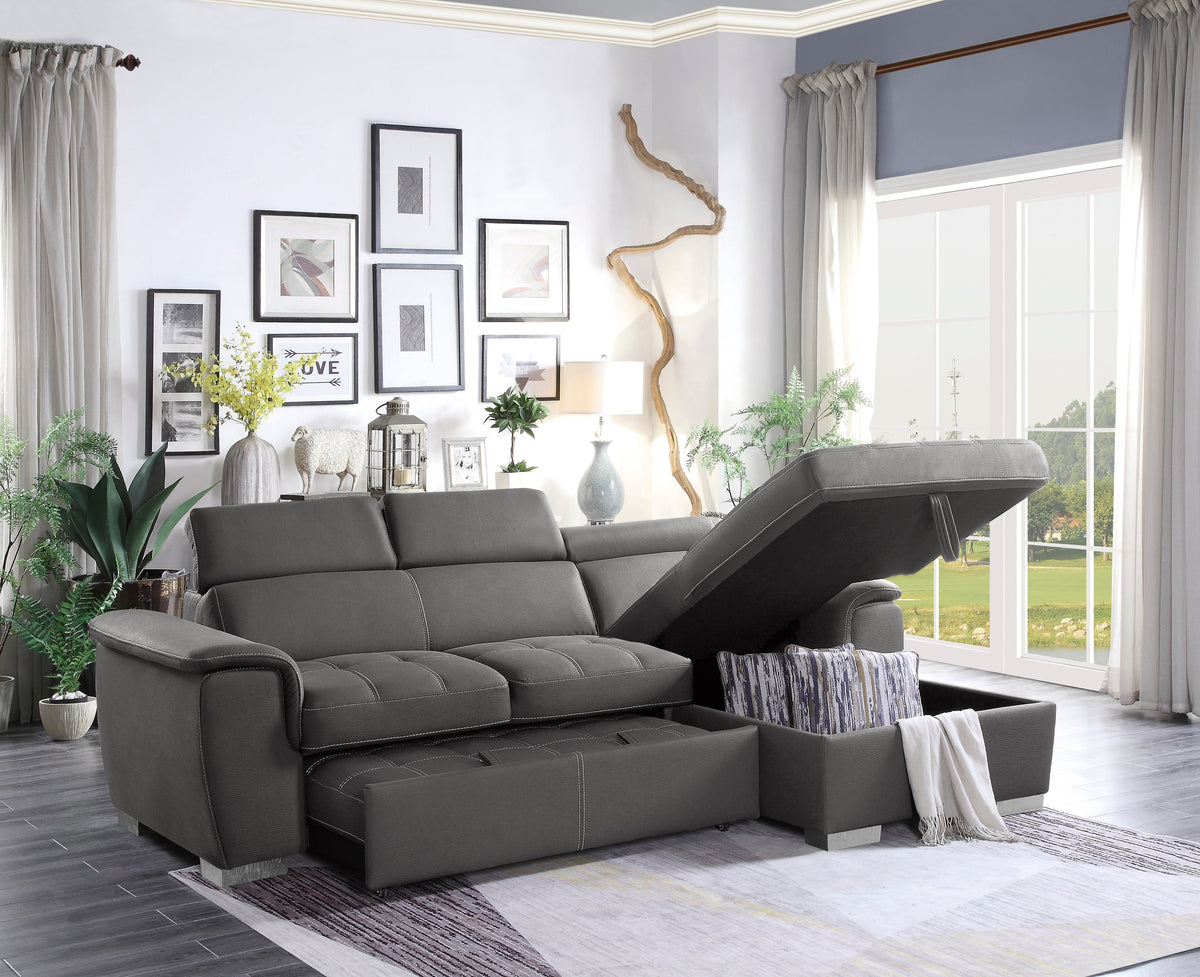 Ferriday Gray 2-Piece Sectional with Adjustable Headrests, Pull-out Bed and Right Chaise with Hidden Storage by Homelegance at Eve Furniture