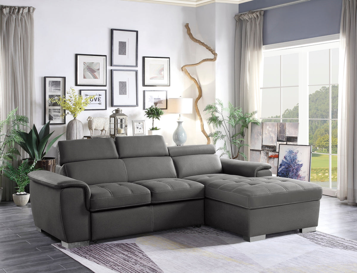 Ferriday Gray 2-Piece Sectional with Adjustable Headrests, Pull-out Bed and Right Chaise with Hidden Storage by Homelegance at Eve Furniture