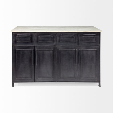 Fieri Solid Iron Black Body White Marble Top Four Drawer Kitchen Island by Mercana at Eve Furniture