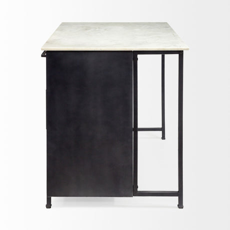 Fieri Solid Iron Black Body White Marble Top Four Drawer Kitchen Island by Mercana at Eve Furniture