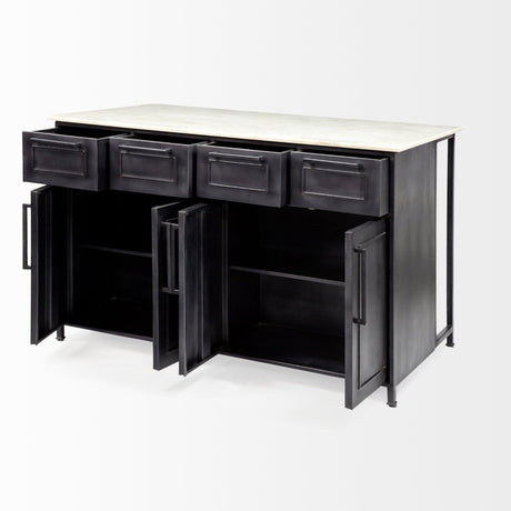 Fieri Solid Iron Black Body White Marble Top Four Drawer Kitchen Island by Mercana at Eve Furniture