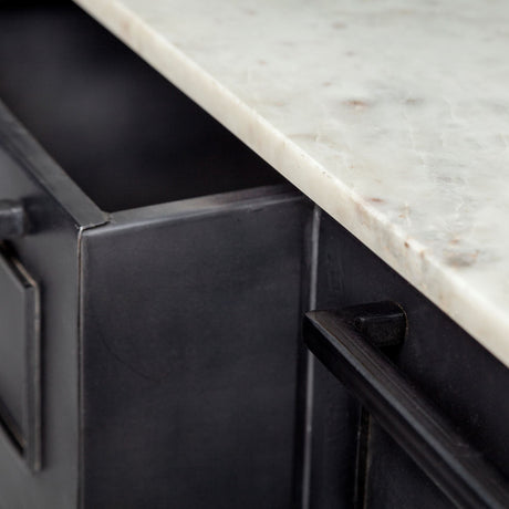 Fieri Solid Iron Black Body White Marble Top Four Drawer Kitchen Island by Mercana at Eve Furniture