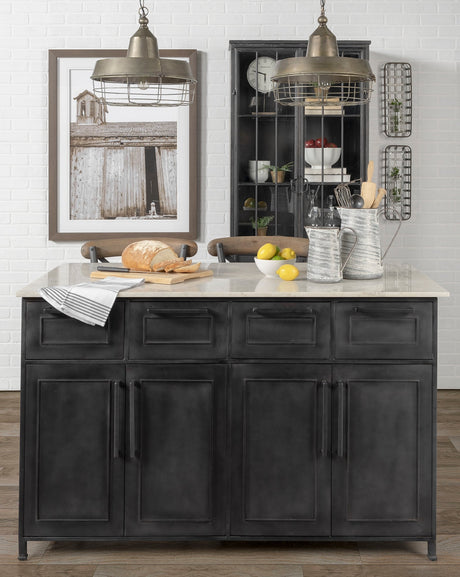 Fieri Solid Iron Black Body White Marble Top Four Drawer Kitchen Island by Mercana at Eve Furniture