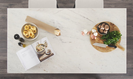 Fieri Solid Iron Black Body White Marble Top Four Drawer Kitchen Island by Mercana at Eve Furniture