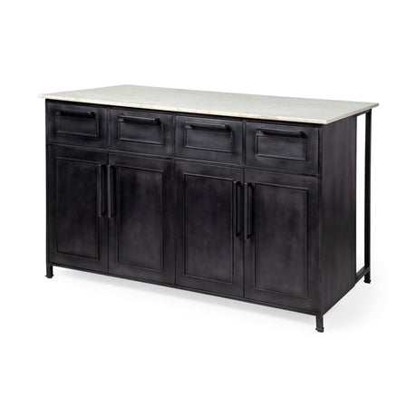 Fieri Solid Iron Black Body White Marble Top Four Drawer Kitchen Island by Mercana at Eve Furniture