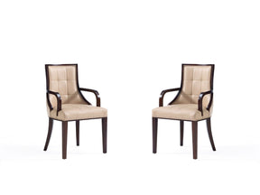 Fifth Avenue Faux Leather and Velvet Dining Armchair in Tan and Walnut (set of 2) by Manhattan Comfort at Eve Furniture