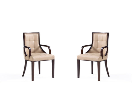 Fifth Avenue Faux Leather and Velvet Dining Armchair in Tan and Walnut (set of 2) by Manhattan Comfort at Eve Furniture