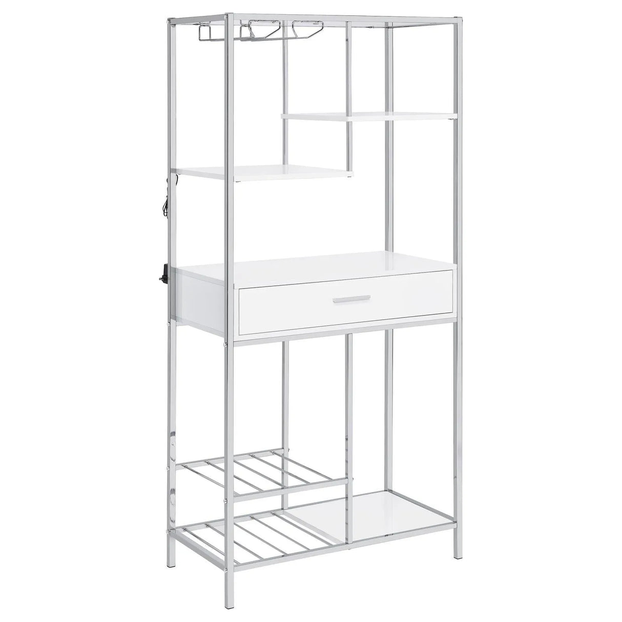 Figueroa White High Gloss and Chrome 5-shelf Wine Cabinet with Storage Drawer by Coaster at Eve Furniture