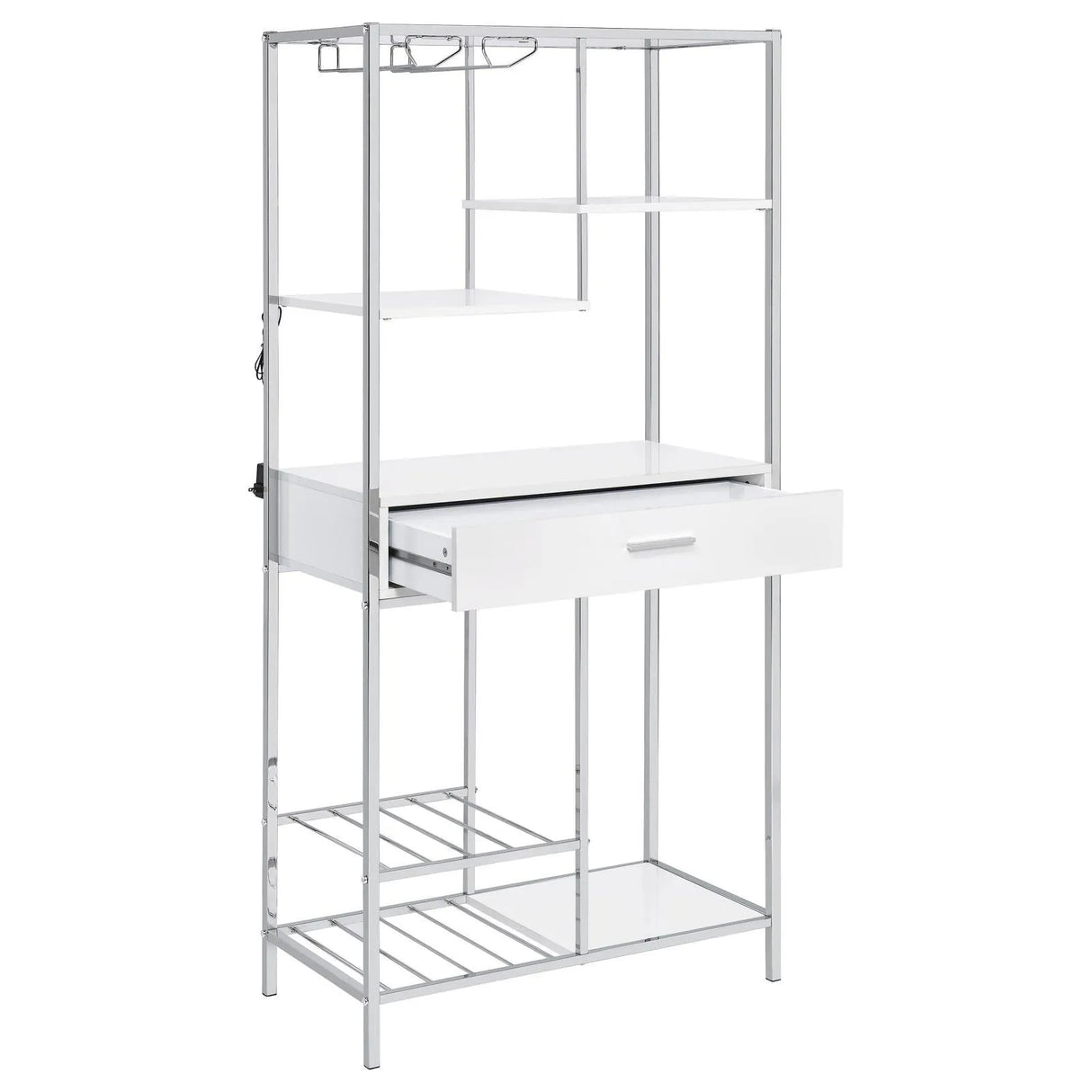 Figueroa White High Gloss and Chrome 5-shelf Wine Cabinet with Storage Drawer by Coaster at Eve Furniture