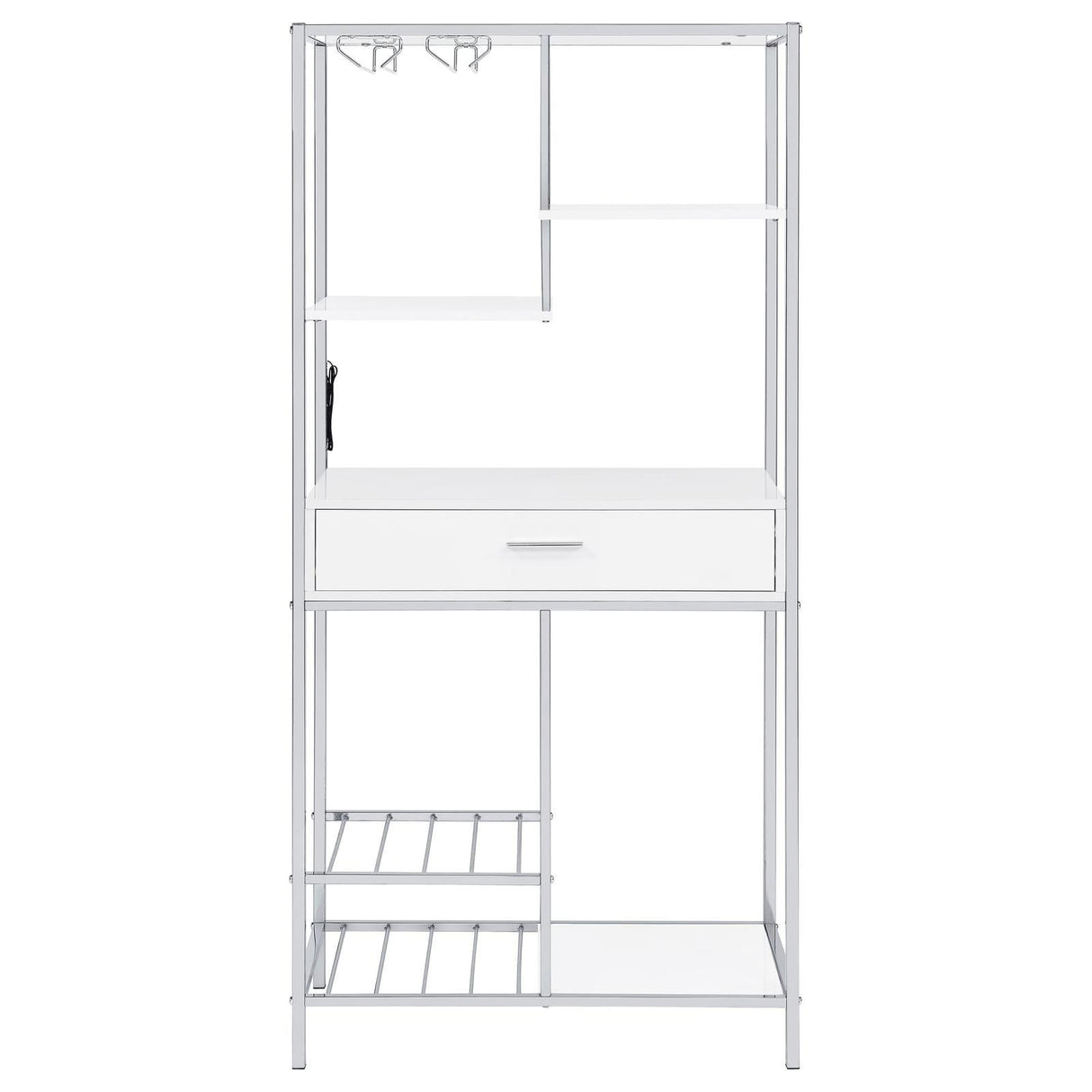 Figueroa White High Gloss and Chrome 5-shelf Wine Cabinet with Storage Drawer by Coaster at Eve Furniture