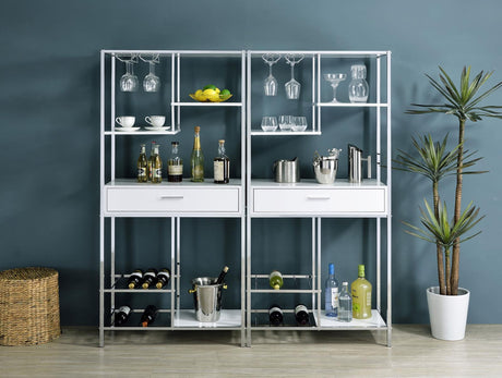 Figueroa White High Gloss and Chrome 5-shelf Wine Cabinet with Storage Drawer by Coaster at Eve Furniture