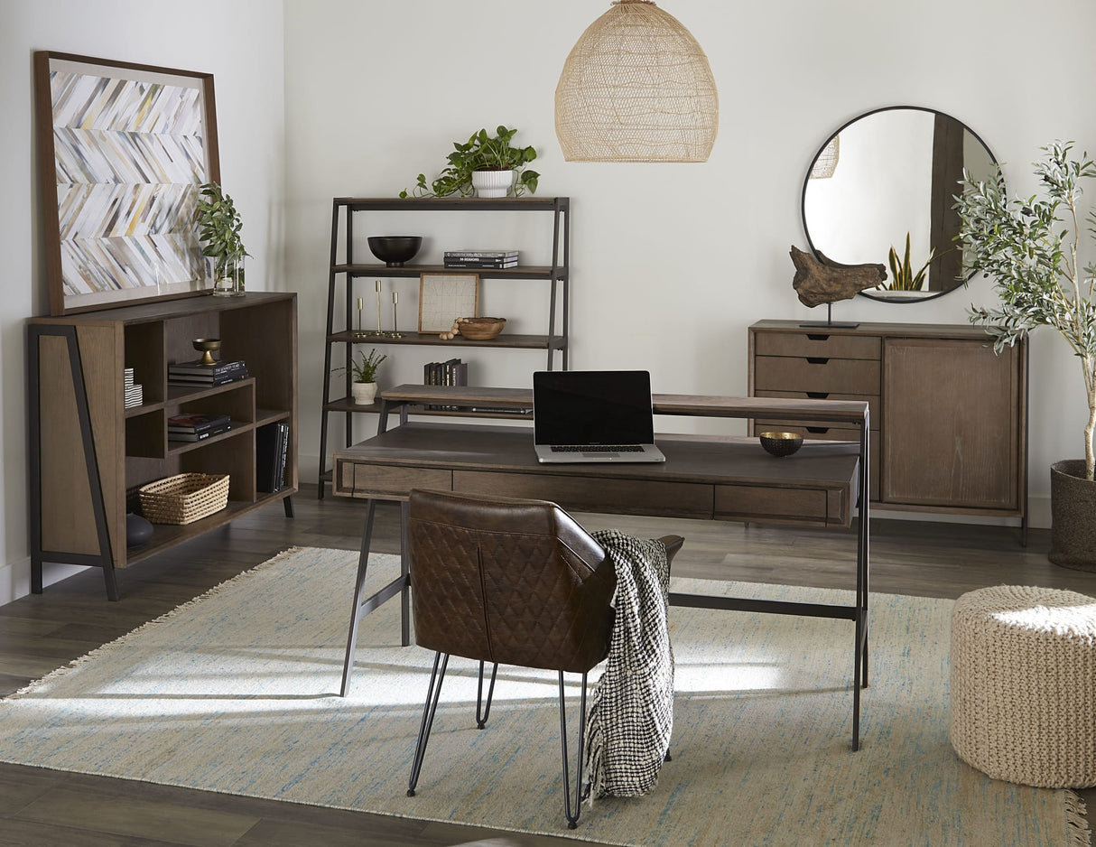 Finch Buckwheat/Antique Bronze Wood and Metal Etagere Bookcase by Modus Furniture at Eve Furniture