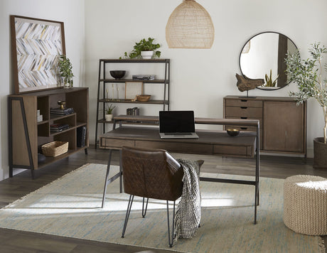 Finch Buckwheat/Antique Bronze Wood and Metal Etagere Bookcase by Modus Furniture at Eve Furniture