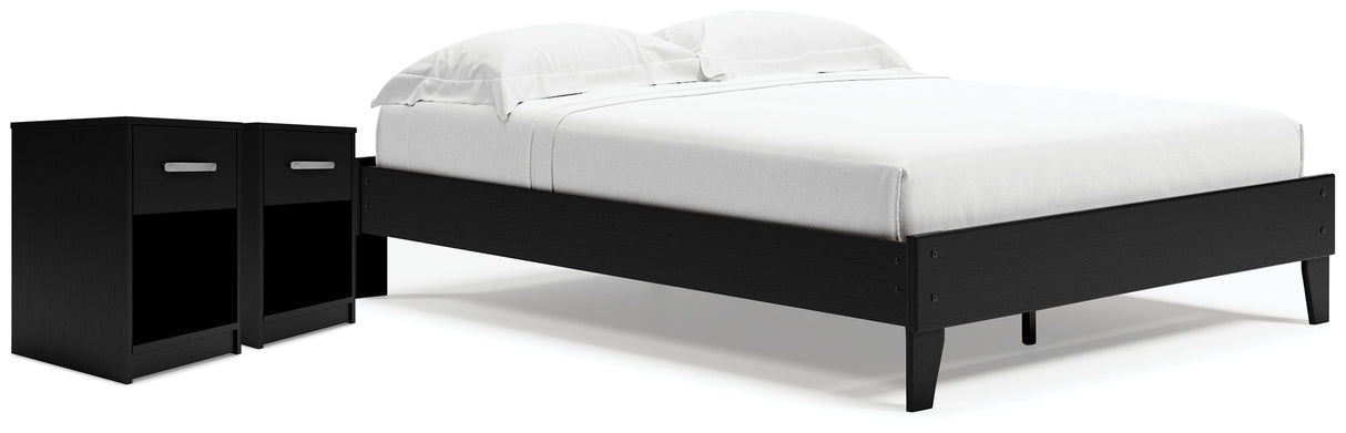 Finch Queen Platform Bed with 2 Nightstands in Black