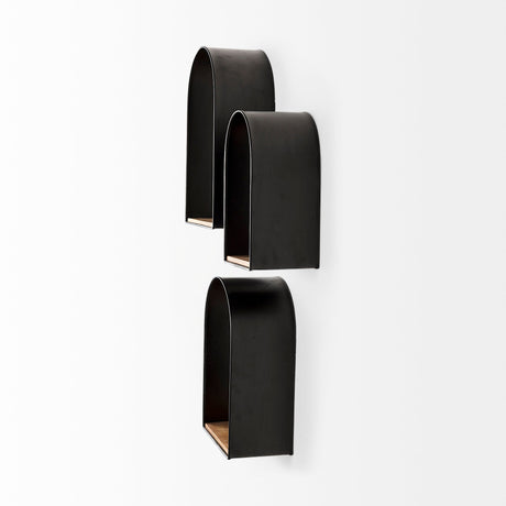Finley Set of 3 Black Metal W/Wood Wall Shelves by Mercana at Eve Furniture