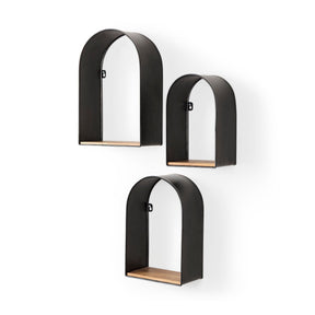 Finley Set of 3 Black Metal W/Wood Wall Shelves by Mercana at Eve Furniture