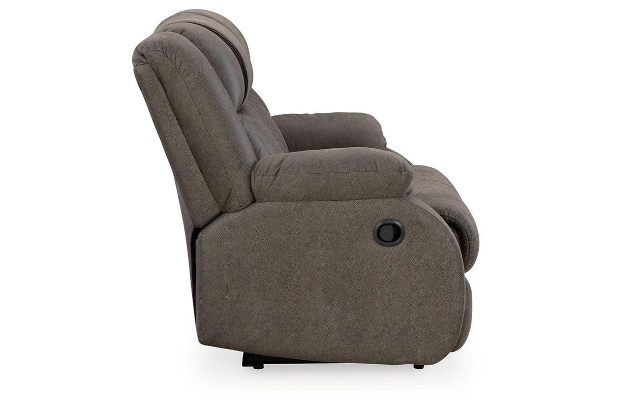 First Base Gunmetal Reclining Sofa, Loveseat and Recliner by Ashley at Eve Furniture