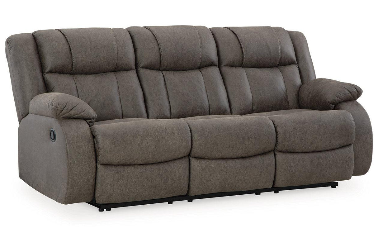 First Base Gunmetal Reclining Sofa, Loveseat and Recliner by Ashley at Eve Furniture