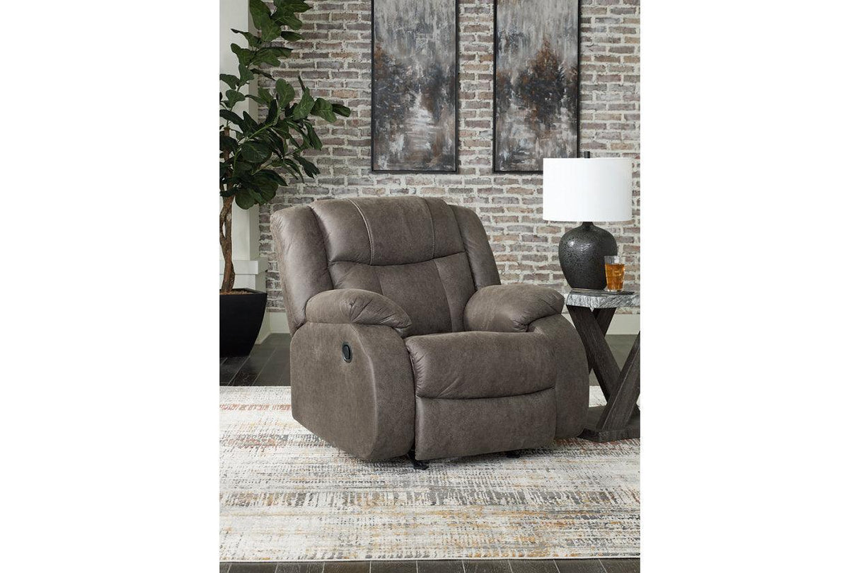 First Base Gunmetal Reclining Sofa, Loveseat and Recliner by Ashley at Eve Furniture
