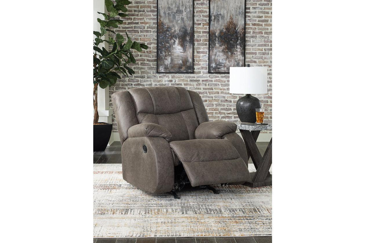 First Base Gunmetal Reclining Sofa, Loveseat and Recliner by Ashley at Eve Furniture