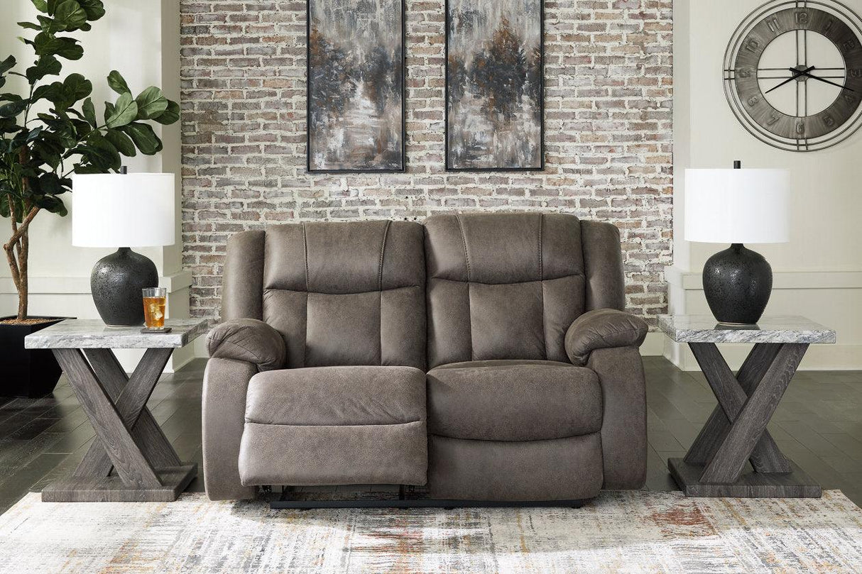 First Base Gunmetal Reclining Sofa, Loveseat and Recliner by Ashley at Eve Furniture