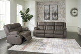 First Base Gunmetal Reclining Sofa, Loveseat and Recliner by Ashley at Eve Furniture